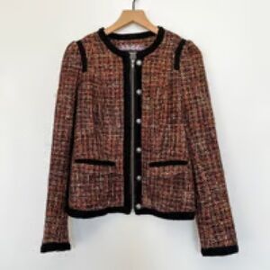 Free People Multi-Brown Tweed Collarless Jacket with Black Trim